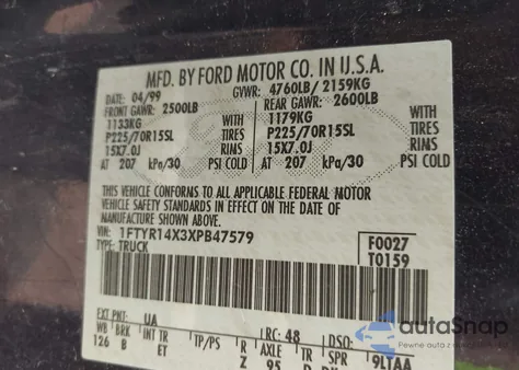 1999 Ford Ranger Xlt из США, поврежденный, VIN 1FTYR14X3XPB47579